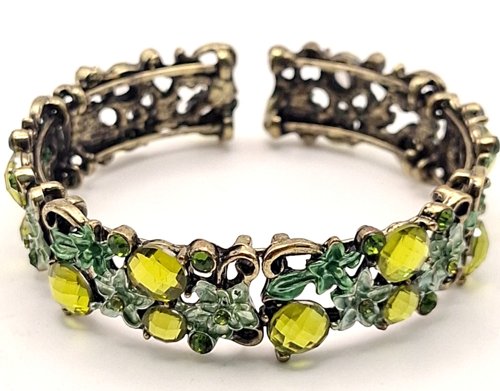 Green Rhinestone Leaf Cuff Bracelet Enamel Floral Whimsygoth Fairycore Garden